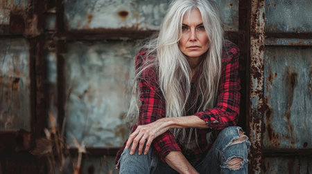 Old Indian Woman with Blond Straight Hair creative poster.の素材