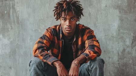 Teen Black Man with Brown Curly Hair creative poster.の素材