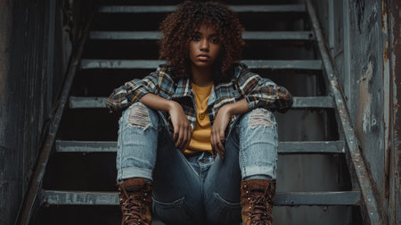 Teen Black Woman with Brown Curly Hair creative poster.の素材