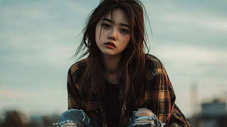 Teen Chinese Woman with Brown Straight Hair creative poster.の素材