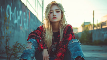 Teen Chinese Woman with Blond Straight Hair creative poster.の素材