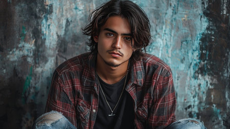 Teen Latino Man with Brown Straight Hair creative poster.の素材