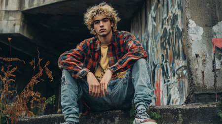 Teen Persian Man with Blond Curly Hair creative poster.の素材