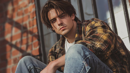 Teen White Man with Brown Straight Hair creative poster.の素材