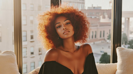 Adult Black Woman with Red Curly Hair creative poster.の素材