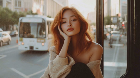Adult Chinese Woman with Red Straight Hair creative poster.の素材