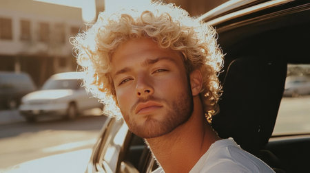 Adult Latino Man with Blond Curly Hair creative poster.の素材