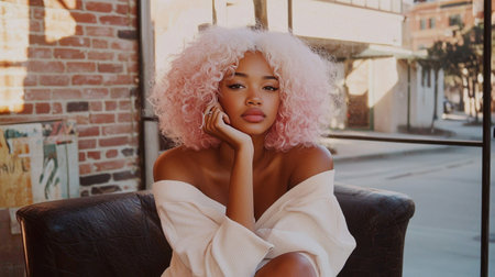 Teen Black Woman with Pink Curly Hair creative poster.の素材