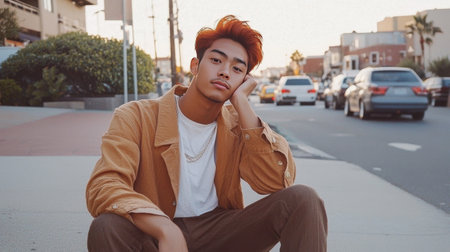 Teen Chinese Man with Red Straight Hair creative poster.の素材