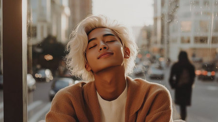 Teen Chinese Man with Blond Straight Hair creative poster.の素材