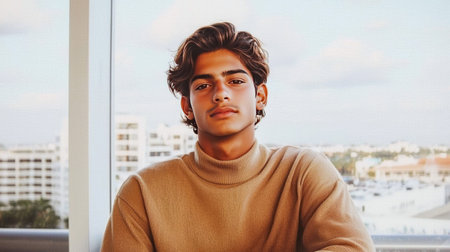 Teen Persian Man with Brown Straight Hair creative poster.の素材