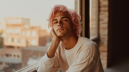 Teen White Man with Pink Straight Hair creative poster.の素材