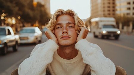 Teen White Man with Blond Straight Hair creative poster.の素材