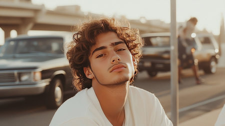Teen White Man with Brown Curly Hair creative poster.の素材