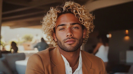 Adult Latino Man with Blond Curly Hair creative poster.の素材