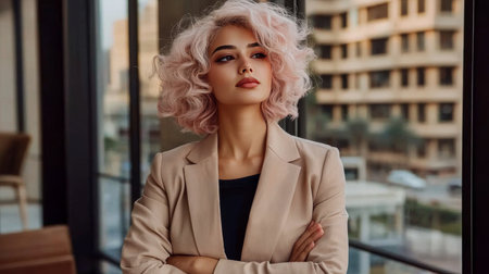 Adult White Woman with Pink Curly Hair creative poster.の素材