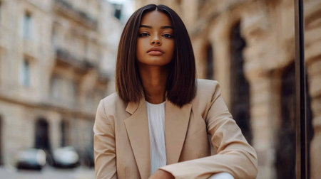 Teen Black Woman with Brown Straight Hair creative poster.の素材