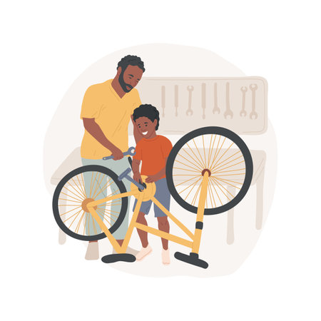 Repair bike in a garage isolated cartoon vector illustration.のイラスト素材