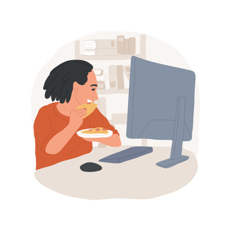 Eating in front of computer isolated cartoon vector illustration.のイラスト素材