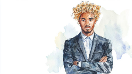 Adult Black Man with Blond Curly Hair watercolor illustration.の素材