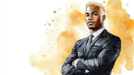 Adult Black Man with Blond Straight Hair watercolor illustration.の素材
