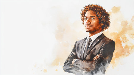 Adult Black Man with Brown Curly Hair watercolor illustration.の素材