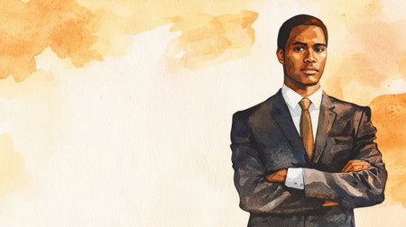 Adult Black Man with Brown Straight Hair watercolor illustration.の素材