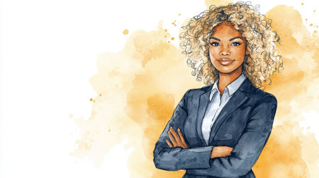 Adult Black Woman with Blond Curly Hair watercolor illustration.の素材