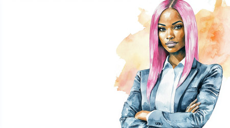 Adult Black Woman with Pink Straight Hair watercolor illustration.の素材