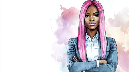 Adult Black Woman with Pink Straight Hair watercolor illustration.の素材