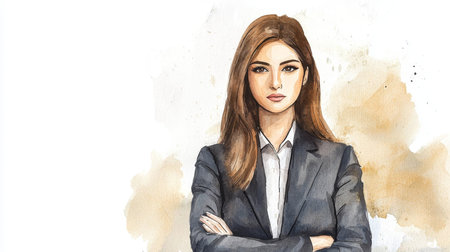 Adult Persian Woman with Brown Straight Hair watercolor illustration.の素材