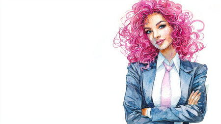 Adult Persian Woman with Pink Curly Hair watercolor illustration.の素材