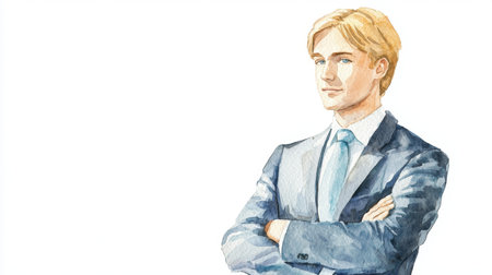 Adult White Man with Blond Straight Hair watercolor illustration.の素材