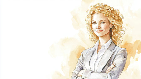 Adult White Woman with Blond Curly Hair watercolor illustration.の素材