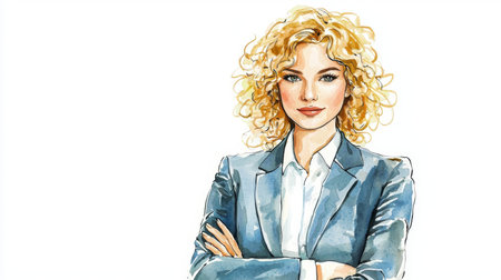 Adult White Woman with Blond Curly Hair watercolor illustration.の素材