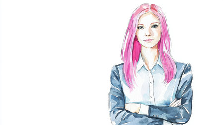 Adult White Woman with Pink Straight Hair watercolor illustration.の素材