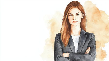 Adult White Woman with Brown Straight Hair watercolor illustration.の素材