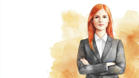 Adult White Woman with Red Straight Hair watercolor illustration.の素材