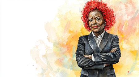 Old Black Woman with Red Curly Hair watercolor illustration.の素材