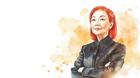 Old Chinese Woman with Red Straight Hair watercolor illustration.の素材