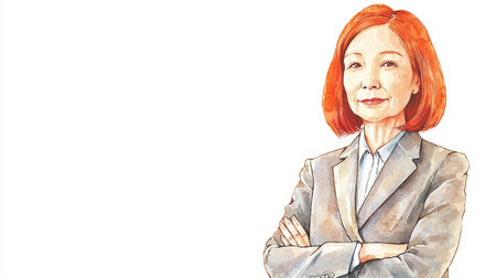 Old Chinese Woman with Red Straight Hair watercolor illustration.の素材