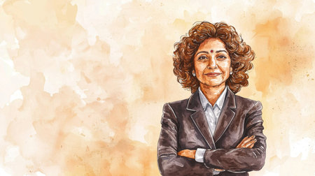 Old Indian Woman with Brown Curly Hair watercolor illustration.の素材