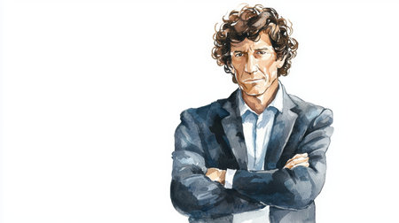 Old Latino Man with Brown Curly Hair watercolor illustration.の素材