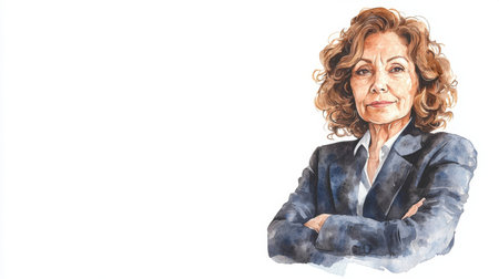 Old Latino Woman with Brown Curly Hair watercolor illustration.の素材