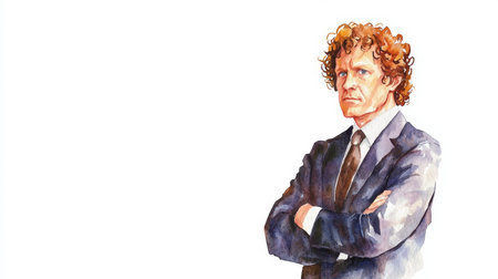 Old White Man with Brown Curly Hair watercolor illustration.の素材