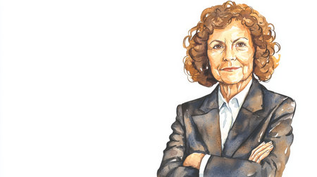 Old White Woman with Brown Curly Hair watercolor illustration.の素材
