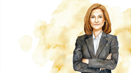 Old White Woman with Brown Straight Hair watercolor illustration.の素材