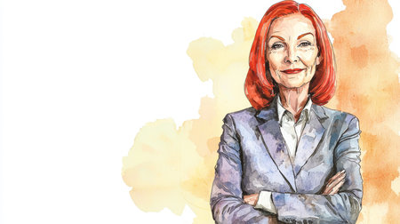 Old White Woman with Red Straight Hair watercolor illustration.の素材