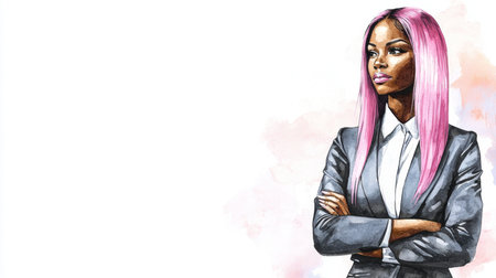 Teen Black Woman with Pink Straight Hair watercolor illustration.の素材