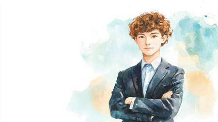 Teen Chinese Man with Brown Curly Hair watercolor illustration.の素材